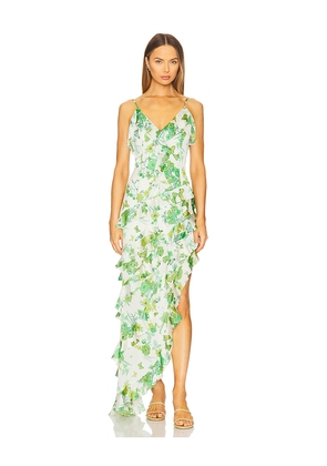 ELLIATT Tess Asymmetrical Maxi Dress in Green. Size L. Also in S, XXS, XS, M, XL.
