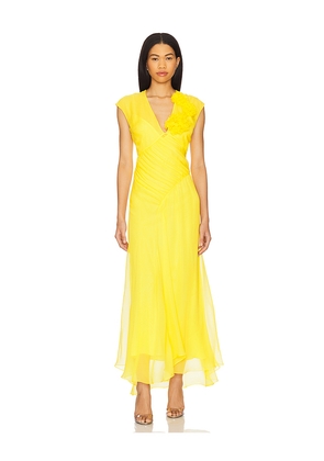 Alejandra Alonso Rojas Floral V-neck Draped Chiffon Dress in Yellow. Size 6. Also in 8.