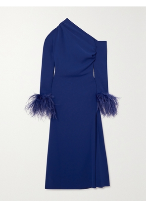 16ARLINGTON - Adelaide One-shoulder Feather-trimmed Crepe Midi Dress - Blue - UK 4,UK 6,UK 8,UK 10,UK 12,UK 14,UK 16