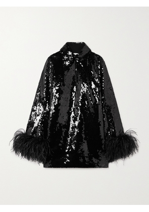 16ARLINGTON - Michelle Feather-trimmed Sequined Crepe Mini Dress - Black - UK 4,UK 6,UK 8,UK 10,UK 12,UK 14,UK 16