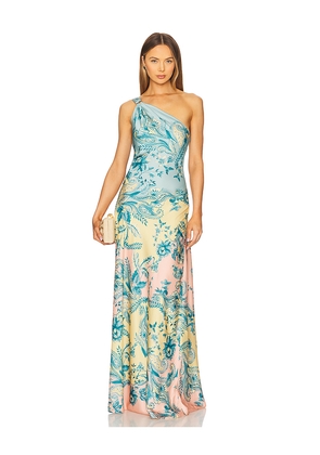 HEMANT AND NANDITA One Shoulder Long Dress in Teal,Yellow. Size L. Also in XXS, XS, M, XL.