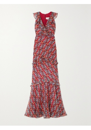 Saloni - Rita Ruffled Printed Silk-crepe Maxi Dress - Red - UK 4,UK 6,UK 8,UK 10,UK 12,UK 14,UK 16