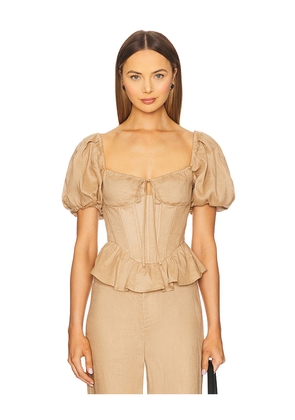 Bardot Esra Puff Sleeve Corset Top in Brown. Size 10. Also in 2, 4, 6, 8.
