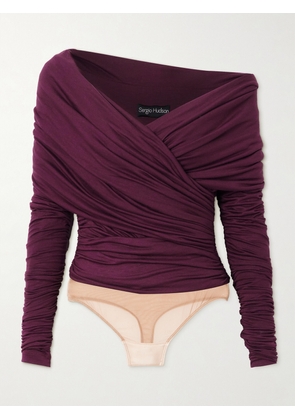 SERGIO HUDSON - Ruched Mesh-trimmed Stretch-bamboo Viscose Jersey Bodysuit - Burgundy - x small,small,medium,large,x large