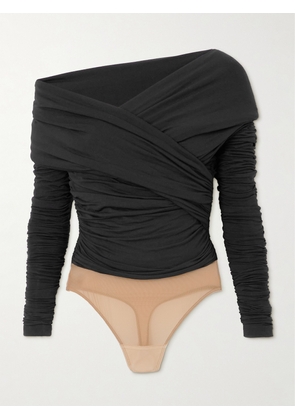 SERGIO HUDSON - Ruched Mesh-trimmed Stretch-bamboo Viscose Jersey Bodysuit - Black - x small,small,medium,large,x large
