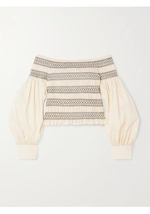 Max Mara - Walk Off-the-shoulder Smocked Cotton Top - Ivory - UK 4,UK 6,UK 8,UK 10,UK 12,UK 14,UK 16,UK 18