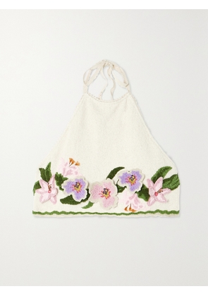 Agua by Agua Bendita - + Net Sustain Carlota Flora Cropped Appliquéd Cotton-blend Bouclé Halterneck Top - White - x small,small,medium,large,x large