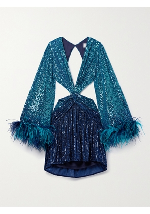PATBO - + Alessandra Ambrosio Cutout Feather-trimmed Sequined Tulle Mini Dress - Blue - US0,US2,US4,US6,US8,US10,US12