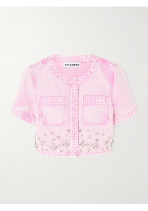 Self-Portrait - Cropped Crystal-embellished Denim Jacket - Pink - UK 4,UK 6,UK 8,UK 10,UK 12,UK 14
