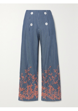 Loretta Caponi - + Net Sustain Alicia Embroidered Striped Cotton-twill Straight-leg Pants - x small,small,medium,large,x large