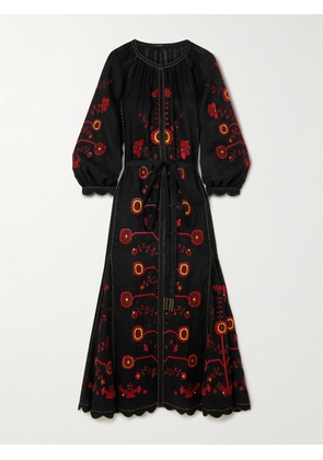 Vita Kin - Nathalie Belted Scalloped Embroidered Linen Maxi Dress - Black - x small,small,medium,large
