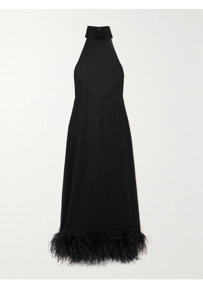 Oséree - Lumière Halterneck Feather-trimmed Metallic Stretch-knit Maxi Dress - Black - small,medium,large,x large