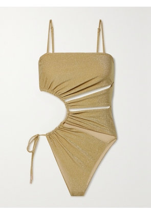 Cult Gaia - Allegra Cutout Ruched Metallic Swimsuit - Gold - xx small,x small,small,medium,large,x large
