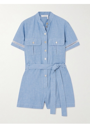 Chloé - Belted Crochet-trimmed Cotton-chambray Playsuit - Blue - FR 34,FR 36,FR 38,FR 40,FR 42,FR 44,FR 46