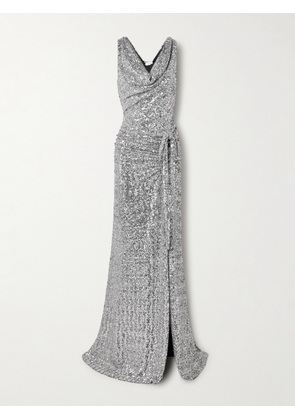 RABANNE - Draped Gathered Sequined Satin Maxi Dress - Silver - FR 36,FR 38,FR 40,FR 42