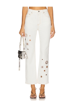 AREA Crystal Grommet Straight Leg Jean in Cream. Size 24. Also in 25, 26, 27, 28, 29.