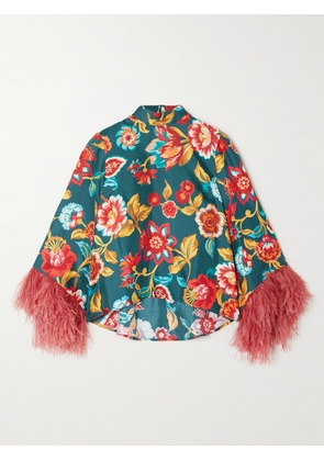 La DoubleJ - Make An Exit Feather-trimmed Floral-print Silk-twill Top - Multi - xx small,x small,small,medium,large,x large,xx large