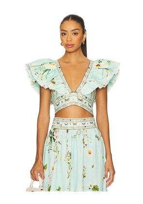 Camilla Ruffle Wrap Top in Baby Blue. Size L. Also in M, XS.