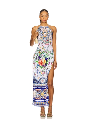 Camilla High Neck Long Dress in White,Blue. Size L. Also in XS.