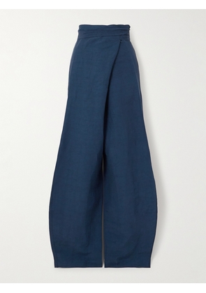 Cortana - Arco Belted Linen-blend Straight-leg Pants - Blue - FR 34,FR 36,FR 38,FR 40,FR 42,FR 44