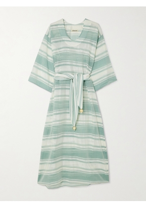 ADMONA - Tala Belted Embellished Striped Gauze Coverup - Blue - small,medium,large