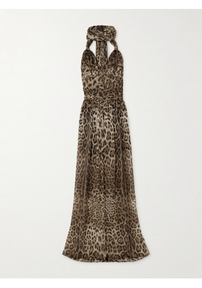 Dolce & Gabbana - Scarf-detailed Smocked Leopard-print Silk-chiffon Gown - Animal print - IT38,IT40,IT42,IT44,IT46