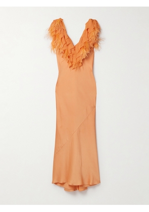 LOVESHACKFANCY - Manota Ruffled Crepe And Feather-trimmed Charmeuse Maxi Dress - Orange - US00,US0,US2,US4,US6,US8,US10