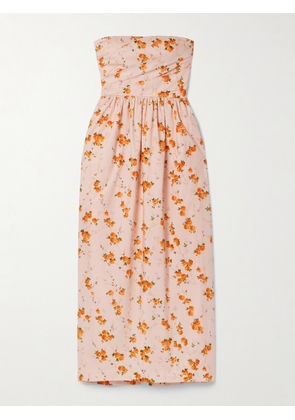 LOVESHACKFANCY - Luxie Strapless Floral-print Cotton-voile Midi Dress - Orange - US00,US0,US2,US4,US6,US8,US10,US12