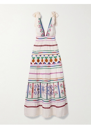 Farm Rio - Embroidered Tiered Linen-blend Maxi Dress - Off-white - xx small,x small,small,medium,large,x large