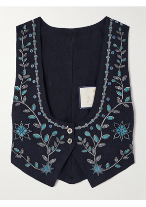 Agua by Agua Bendita - Esmeralda Relicario Embroidered Linen Cropped Top - Black - x small,small,medium,large,x large