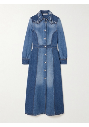 Chloé - Embroidered Two-tone Cotton And Hemp-blend Denim Midi Dress - Blue - FR 34,FR 36,FR 38,FR 40,FR 42,FR 44,FR 46