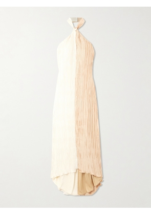 Dima Ayad - Knotted Plissé-satin Halterneck Maxi Dress - Ivory - XS,S,M,L,XL,XXL,XXXL,XXXXL