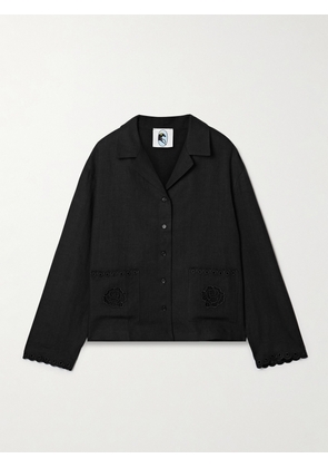 SLEEPER - Sofia Broderie Anglaise-trimmed Linen Pajama Shirt - Black - x small,small,medium,large,x large