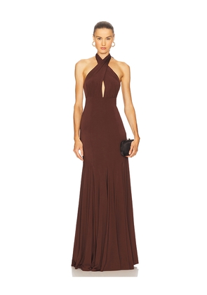 Alice + Olivia Evelina Halter Maxi Dress in Brown. Size 0. Also in 2, 4, 6, 8, 10.