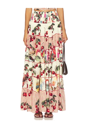 Camilla Shirred Waist Tiered Circle Skirt in Cream. Size L. Also in M, S, XL, XS.