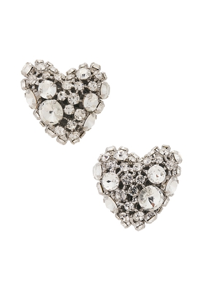 AREA Crystal Cluster Heart Earrings in Metallic Silver.