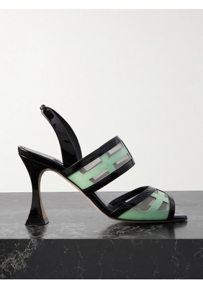 Manolo Blahnik - Avespa 90 Mesh-trimmed Patent-leather Slingback Mules - Black - IT36,IT36.5,IT37,IT37.5,IT38,IT38.5,IT39,IT39.5,IT40,IT40.5,IT42