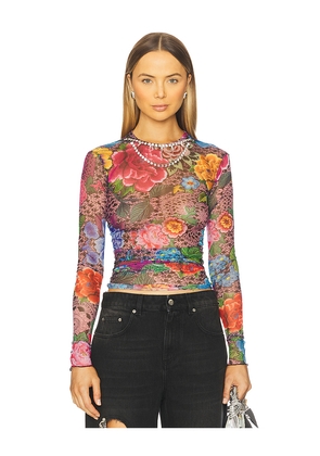 AREA Crystal Embellished Printed Tulle Long Sleeve Top in Black. Size M. Also in XS, S.