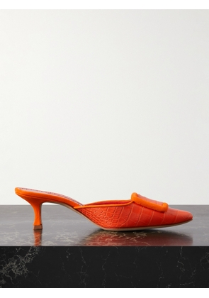 Manolo Blahnik - Maysalebi 50 Suede-trimmed Croc-effect Leather Mules - Orange - IT35,IT36,IT36.5,IT37,IT37.5,IT38,IT38.5,IT39,IT39.5,IT40,IT40.5,IT41,IT41.5,IT42,IT43