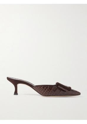 Manolo Blahnik - Maysalebi 50 Suede-trimmed Croc-effect Leather Mules - Brown - IT34,IT35,IT36,IT36.5,IT37,IT37.5,IT38,IT38.5,IT39,IT39.5,IT40,IT40.5,IT41,IT41.5,IT42,IT43