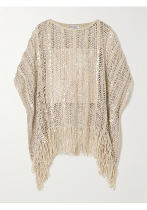 Brunello Cucinelli - Fringed Sequin-embellished Open-knit Top - Neutrals - x small,small,medium
