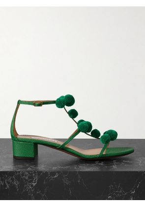 Aquazzura - Fiesta 35 Pompom-embellished Raffia Sandals - Green - IT35,IT35.5,IT36,IT36.5,IT37,IT37.5,IT38,IT38.5,IT39,IT39.5,IT40,IT40.5,IT41,IT41.5,IT42