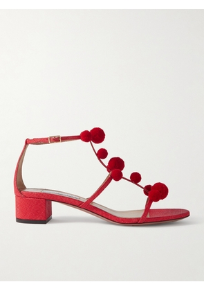 Aquazzura - Fiesta 35 Pompom-embellished Raffia Sandals - Red - IT35,IT35.5,IT36,IT36.5,IT37,IT37.5,IT38,IT38.5,IT39,IT39.5,IT40,IT40.5,IT41,IT41.5,IT42