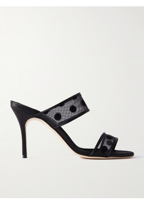 Manolo Blahnik - Scolobi 90 Satin-trimmed Flocked Mesh Sandals - Black - IT35,IT35.5,IT36,IT36.5,IT37,IT37.5,IT38,IT38.5,IT39,IT39.5,IT40,IT40.5,IT41,IT41.5,IT42