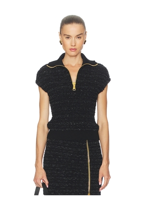 BALMAIN Zipped Short Sleeve Tweed Top in Black. Size 36/2. Also in 34/0, 38/4.
