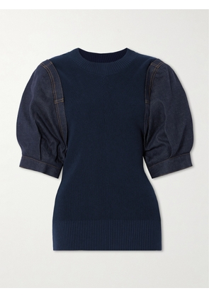 Sacai - Paneled Topstitched Denim And Ribbed Cotton Sweater - Blue - 1,2,3,4