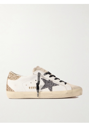 Golden Goose - Super-star Distressed Suede-trimmed Glittered Leather Sneakers - White - IT35,IT36,IT37,IT38,IT39,IT40,IT41,IT42