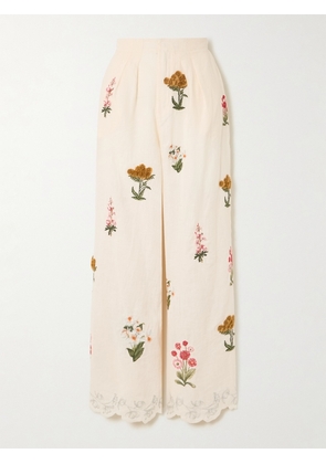 Agua by Agua Bendita - Piñon Prado Pleated Scalloped Embroidered Linen Wide-leg Pants - Cream - x small,small,medium,large,x large