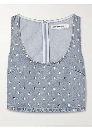 Self-Portrait - Cropped Crystal-embellished Denim Tank - Blue - UK 4,UK 6,UK 8,UK 10,UK 12,UK 14