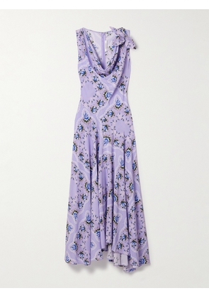 Rodarte - Asymmetric Embellished Draped Printed Silk Crepe De Chine Midi Dress - Purple - US0,US2,US4,US6,US8